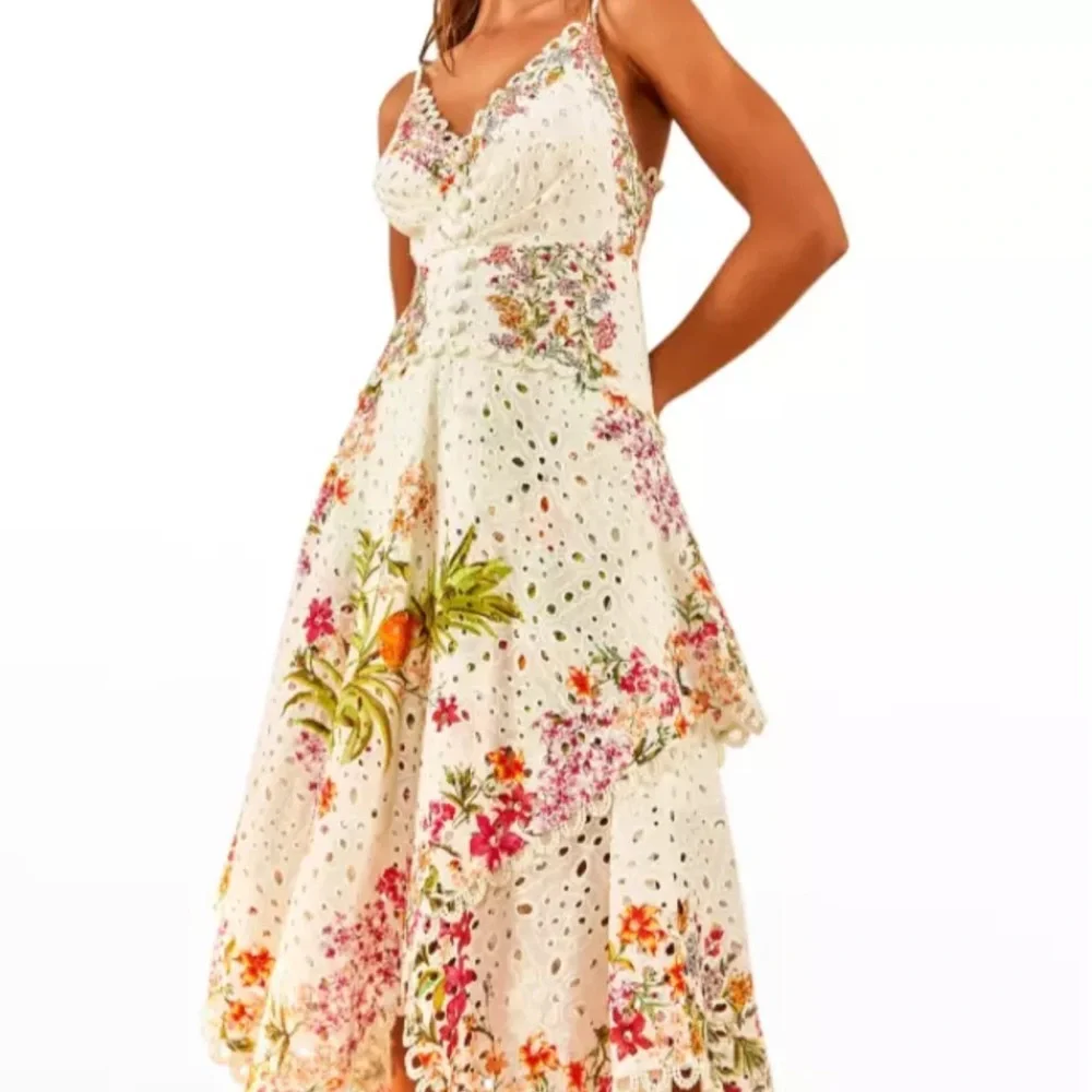 FARM RIO Delicate Forest Scarves Midi Dress XS Eyelet Lace Asymmetric Hi Low - Picture 3 of 14